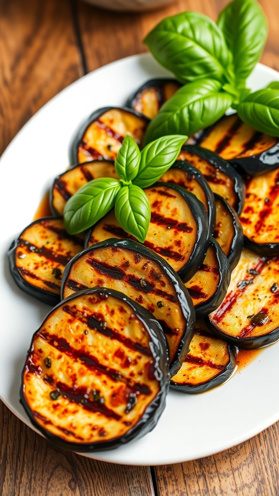 Grilled Kobe 5 eggplant slices garnished with basil on a white plate.